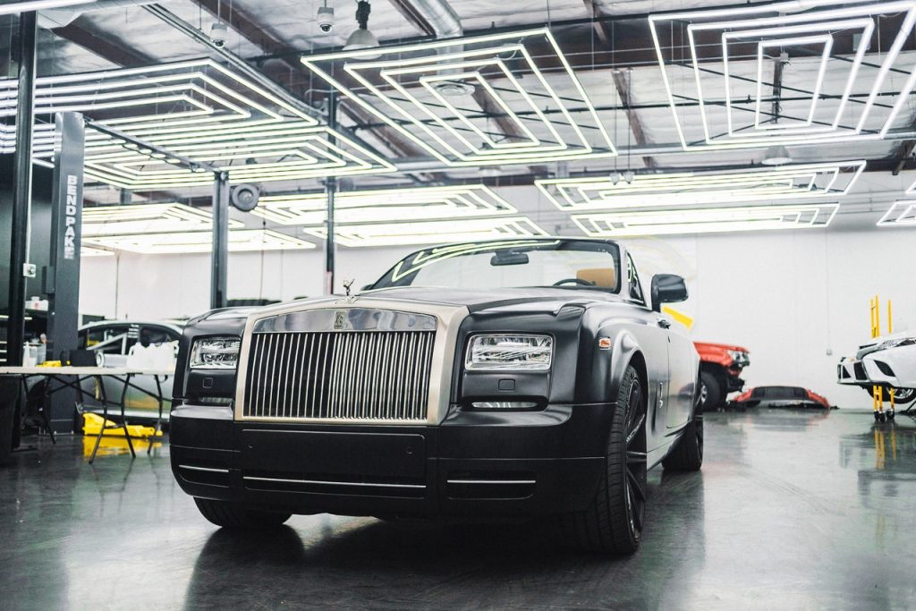 a black car in a garage