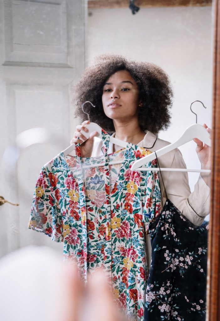 a person in a floral dress