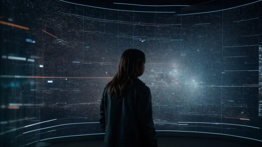 a person analyzing a large interactive digital screen displaying interconnected nodes representing customer relationships.