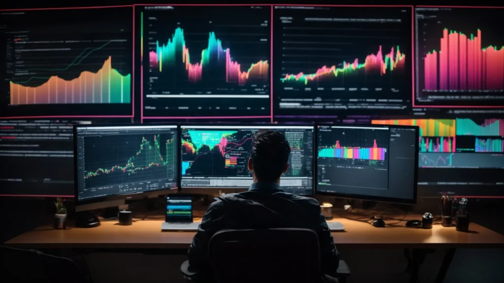 a person sits in front of a computer with multiple screens displaying colorful graphs and marketing analytics.