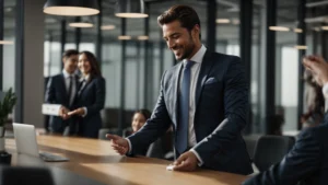 a suited businessman shakes hands with a smiling client in a modern office.
