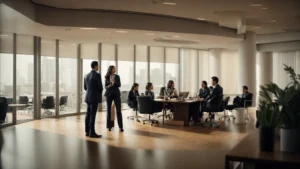 an office setting with business professionals engaged in a discussion.