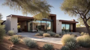 a modern arizona home exterior showcases seamless architectural additions under a clear blue sky.