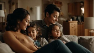 a family enjoys a cozy moment together in their living room, showcasing a warm, homely atmosphere.